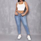 Women High-Waist Skinny Jeans with Pearl Application Fashion Glam