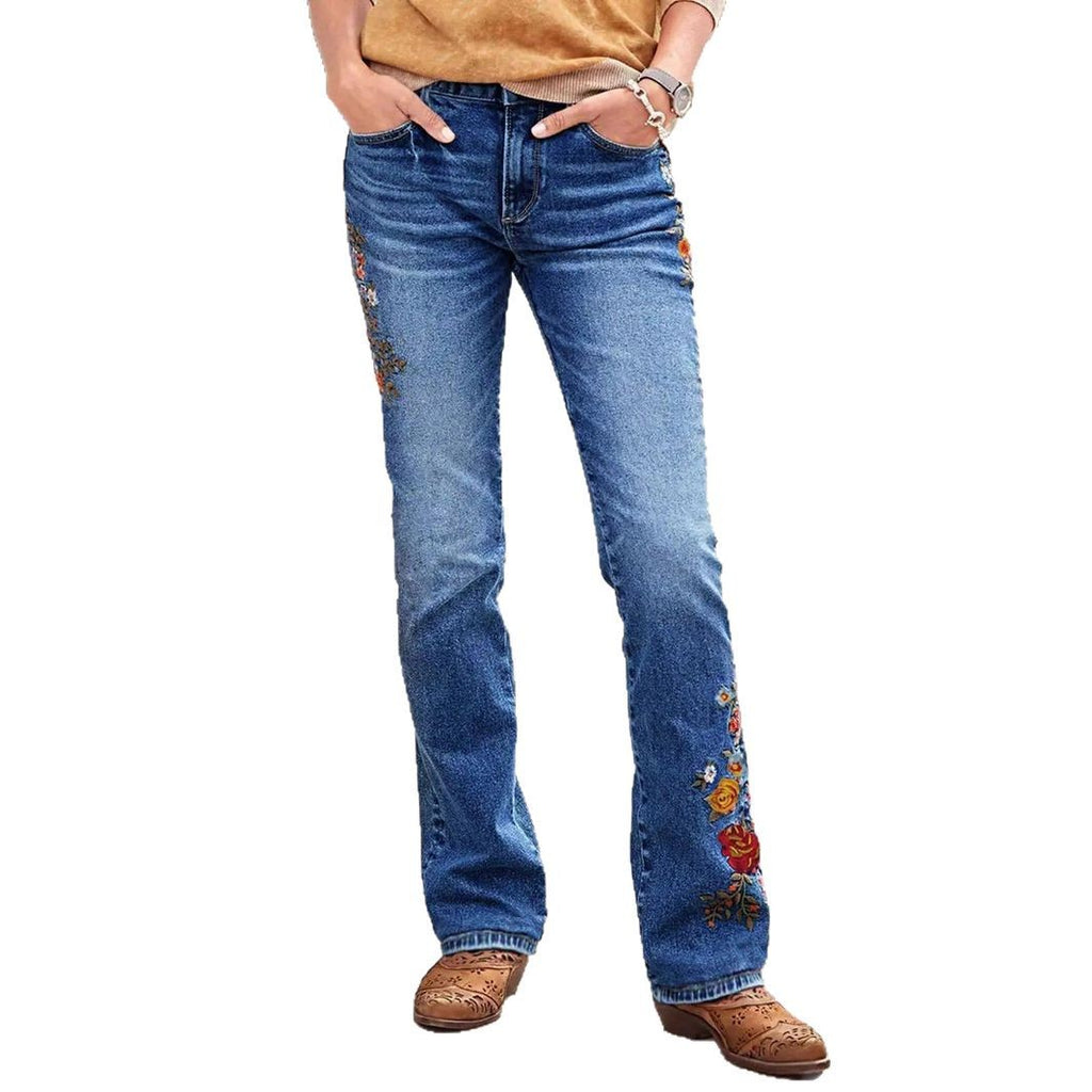 Women's Bootcut Jeans with Side Floral Embroidery and Comfortable Stretch Waistband Fashion Glam