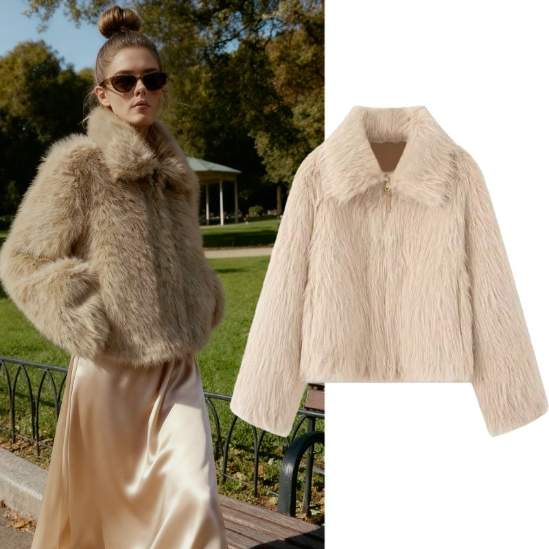 Women Short Faux Fur Cropped Jacket with Voluminous Shawl Collar and Front Zipper Fashion Glam