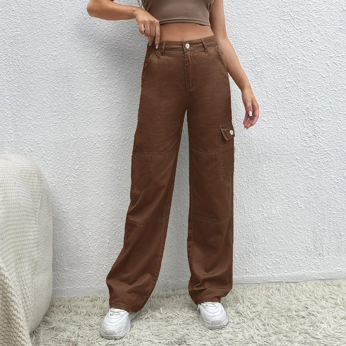 Ladies High-Waisted Utility Cargo Pants in Wide-Leg from sturdy Denim Fashion Glam