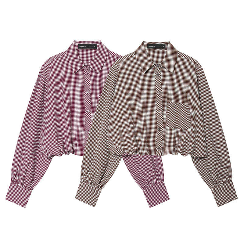 Women Checked Cropped Blouse with Elastic Hem Fashion Glam