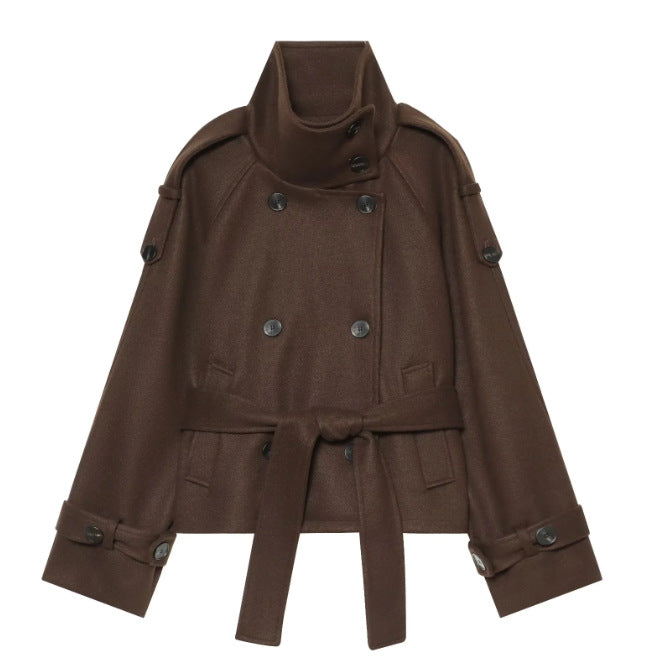 Women's Short Double-Breasted Cape Coat made of Wool with Stand-Up Collar Shoulder Epaulettes and Tie Belt Fashion Glam