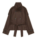 Women's Short Double-Breasted Cape Coat made of Wool with Stand-Up Collar Shoulder Epaulettes and Tie Belt Fashion Glam
