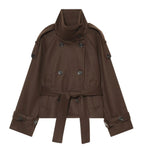 Women's Short Double-Breasted Cape Coat made of Wool with Stand-Up Collar Shoulder Epaulettes and Tie Belt Fashion Glam