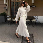 Women's Two-Piece Set made of lightweight chiffon with wide midi skirt and balloon sleeve blouse with bow collar Fashion Glam