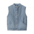 Women's jeans vest with stand-up collar, full-length button placket, and patch pockets Fashion Glam