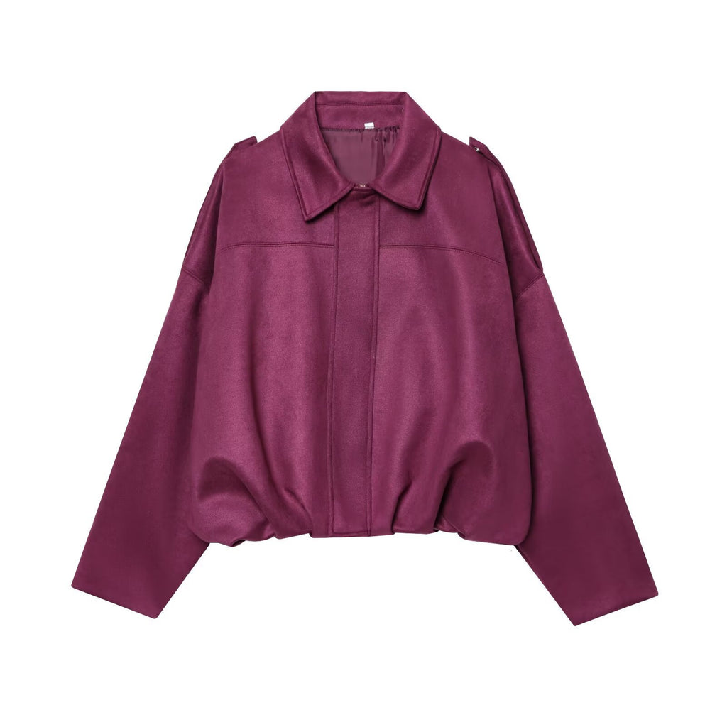 Women's Cropped Suede Look Blouson Jacket with Waist Smocking and Shoulder Patches Fashion Glam