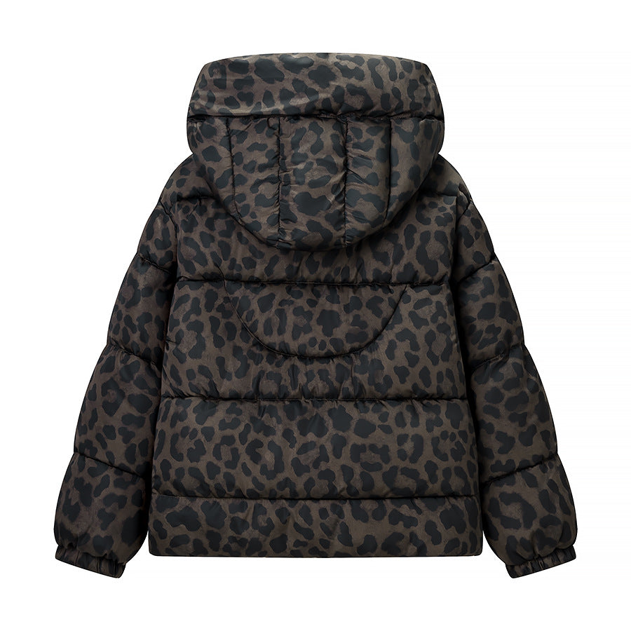 Women's Short Quilted Oversized Down-Effect Jacket with High Funnel Neck and Leopard Print Fashion Glam