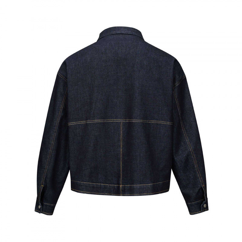 Unisex Short-cut boxy denim zip jacket in worker look with diagonal pockets Fashion Glam