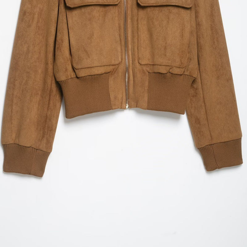Women's Short Suede Look Bomber Jacket with Stand Collar, Flap Pockets and Ribbed Cuffs Fashion Glam