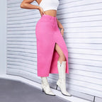 Women’s high-waisted pencil mid-skirt made of stretch denim with central leg slit and five-pocket details Fashion Glam