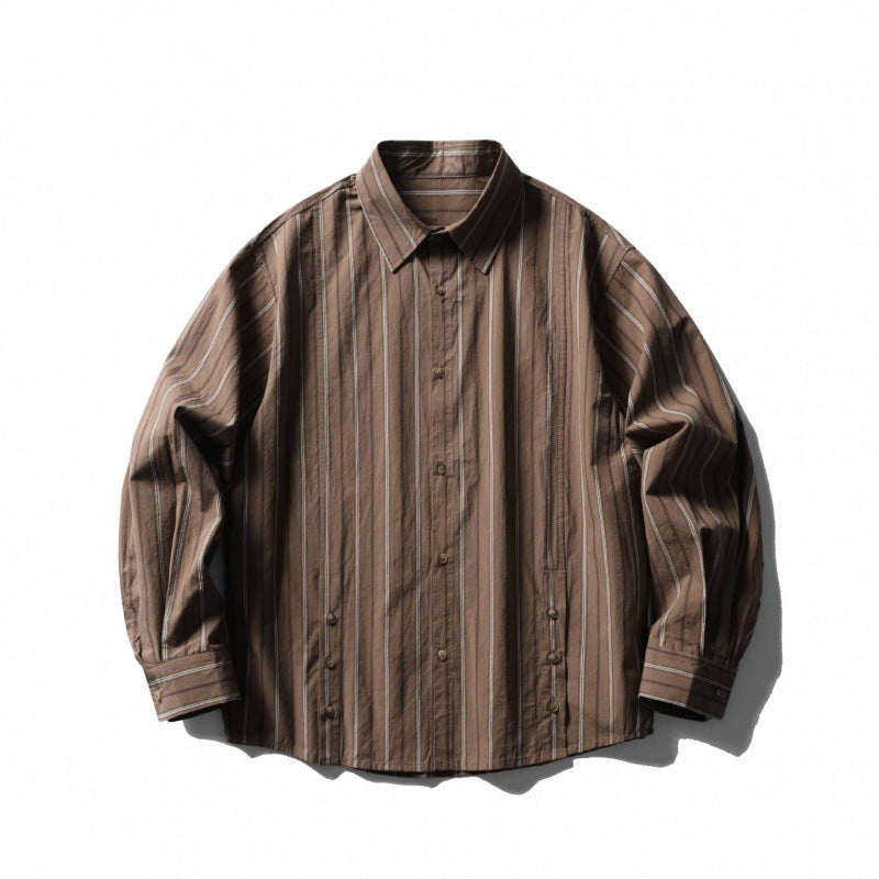 Unisex locker cut striped overshirt made of cotton blend with kent collar and side decorative button plackets Fashion Glam