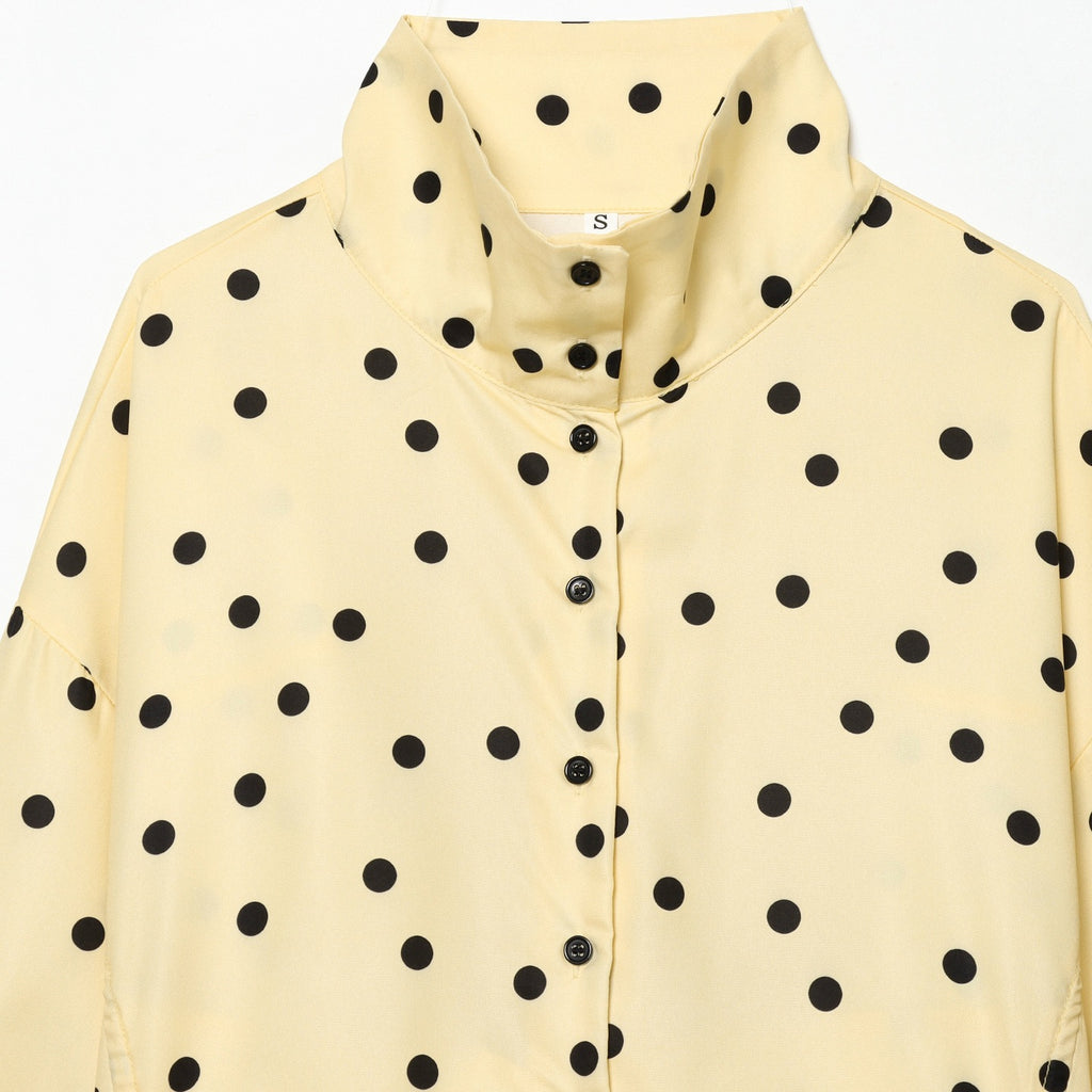 Women's Polka Dot Cropped Blouse with Stand Collar and Drawstring Fashion Glam