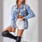 Ladies Pearl Detail Oversize Denim Jacket in Trucker Style Fashion Glam