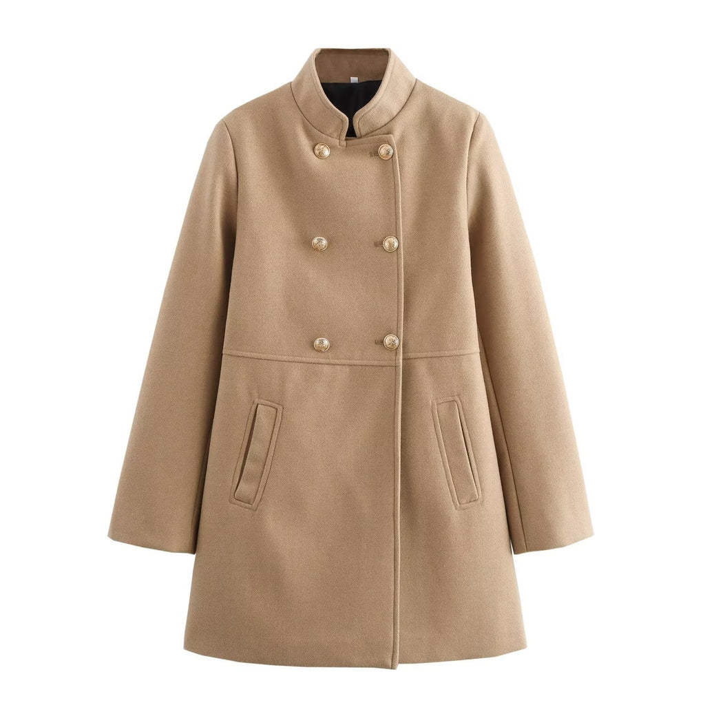 Women's Double-Breasted Wool Blend Coat with Stand Collar and Decorative Buttons Fashion Glam