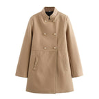 Women's Double-Breasted Wool Blend Coat with Stand Collar and Decorative Buttons Fashion Glam