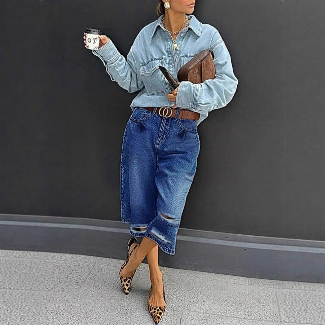 Women High-Waisted Denim Culotte with Destroyed Inserts and Raw Hem Fashion Glam