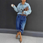 Women High-Waisted Denim Culotte with Destroyed Inserts and Raw Hem Fashion Glam