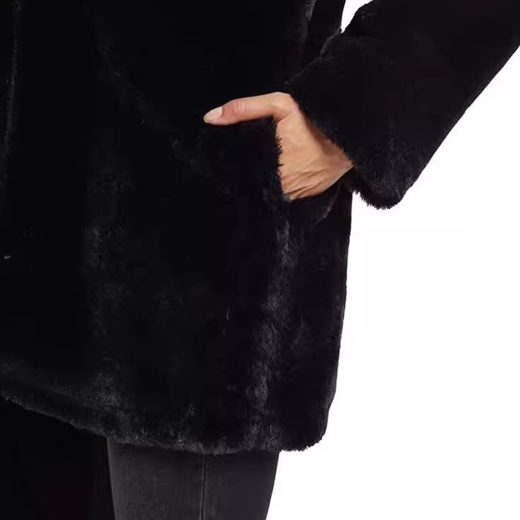 Women's Midi-Length Hooded Faux Fur Coat with Open Front and Lined Insert Pockets Fashion Glam