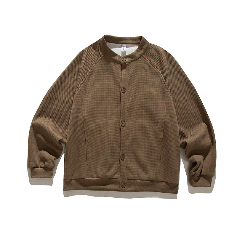 Men's waffle texture bomber-style cardigan with raglan sleeves and button placket Fashion Glam