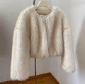 Women Cropped Faux Fur Bomber with Round Neck, Soft Draping High Pile and Boxy Silhouette Fashion Glam