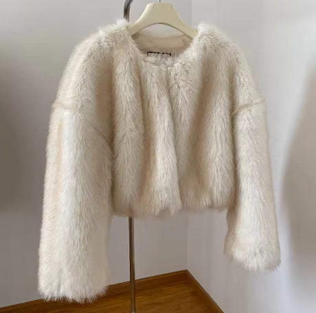 Women Cropped Faux Fur Bomber with Round Neck, Soft Draping High Pile and Boxy Silhouette Fashion Glam