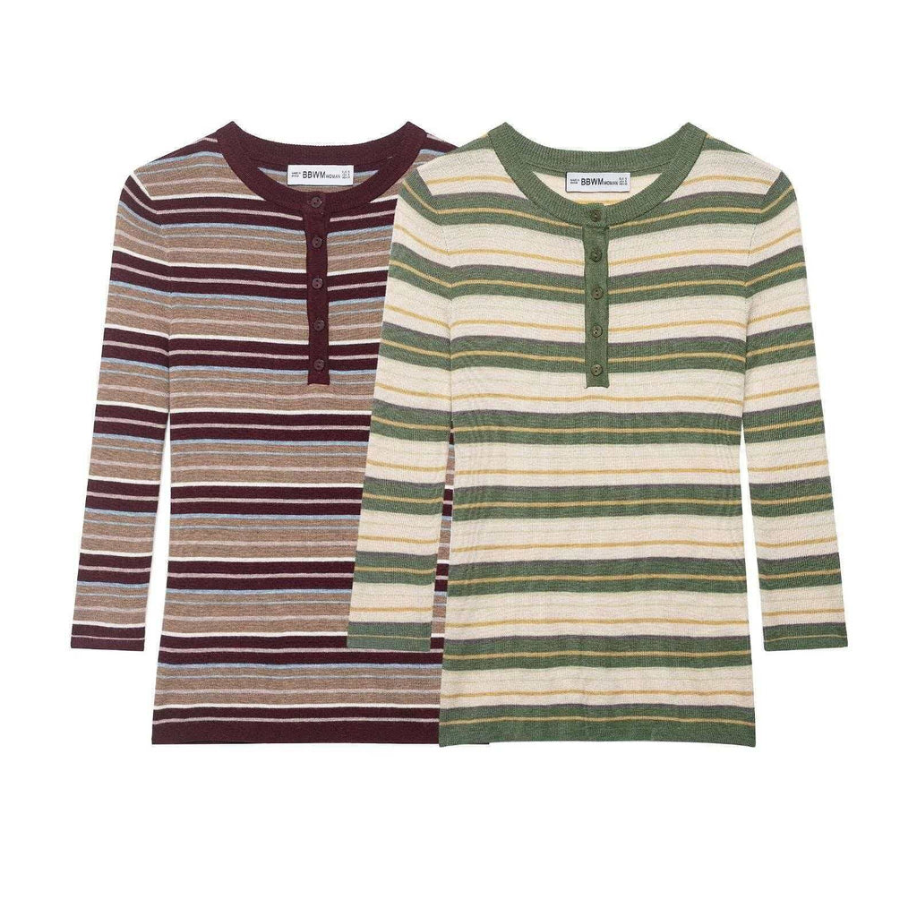 Women's ribbed long sleeve with Henley button placket and fine stripe pattern Fashion Glam