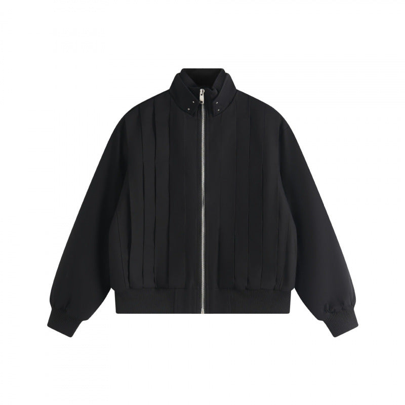 Unisex Boxy Blouson jacket with vertical tucked pleats, standing collar, and zipper Fashion Glam