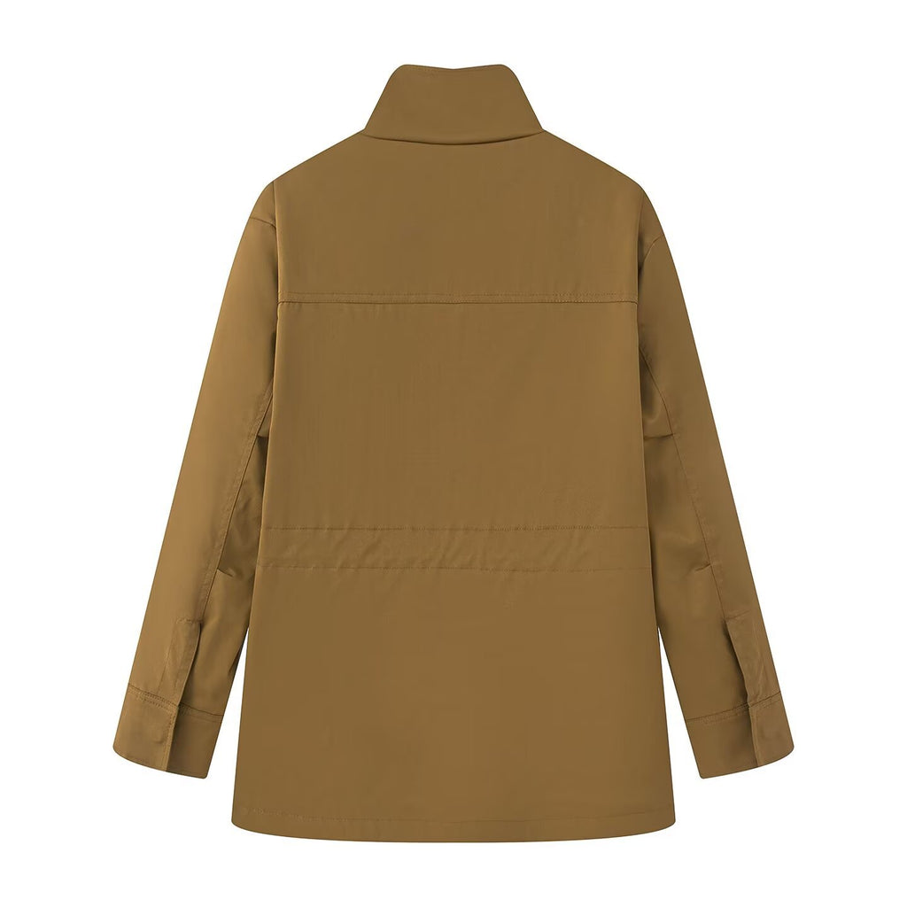 Women's utility jacket with drawstring waist, stand-up collar, and flap pockets Fashion Glam