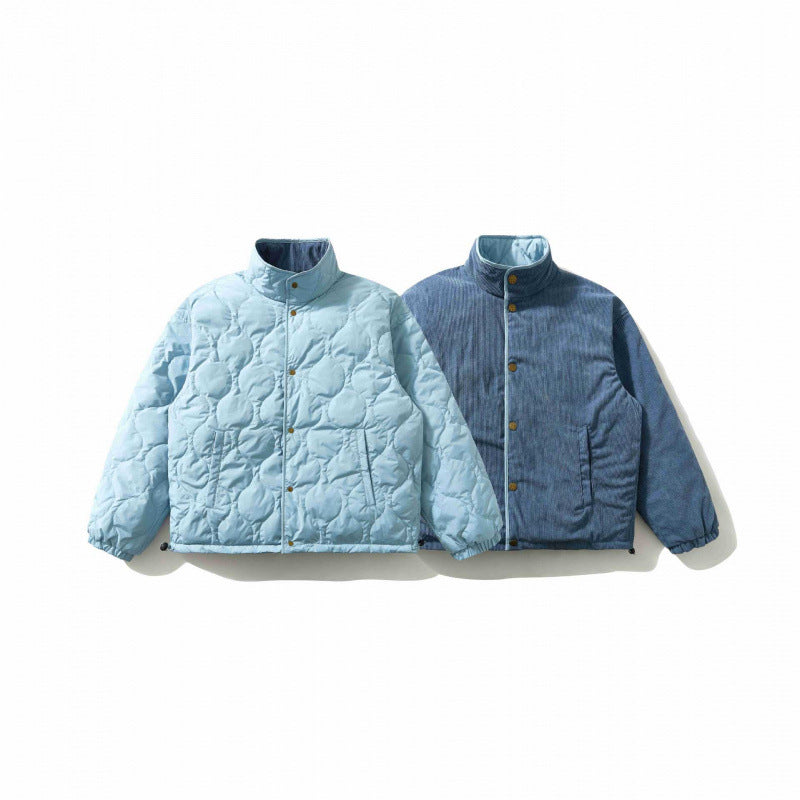 Men's Quilted Cord Jacket with Stand Collar, Snap Button Closure and Elastic Hem Fashion Glam