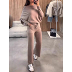 Women's Knit Loungewear Set with Oversized Shoulder, Wide Leg and Drawstring Fashion Glam