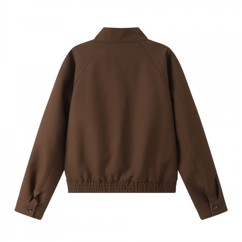 Unisex Short Cut Blouson Jacket with Stand-Up Collar, Elastic Hem and Checked Collar Lining Fashion Glam