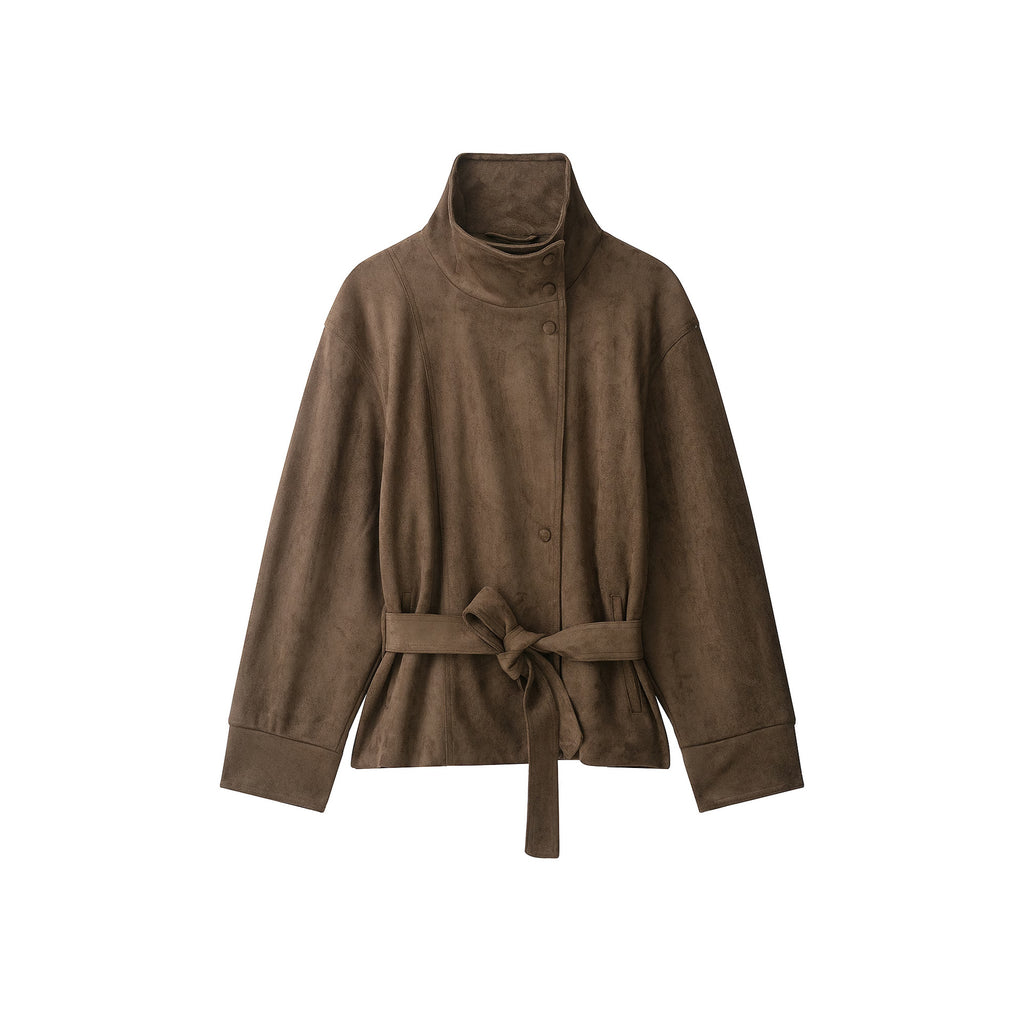 Women's Short Suede Jacket with High Stand Collar and Tie Belt Fashion Glam