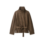 Women's Short Suede Jacket with High Stand Collar and Tie Belt Fashion Glam
