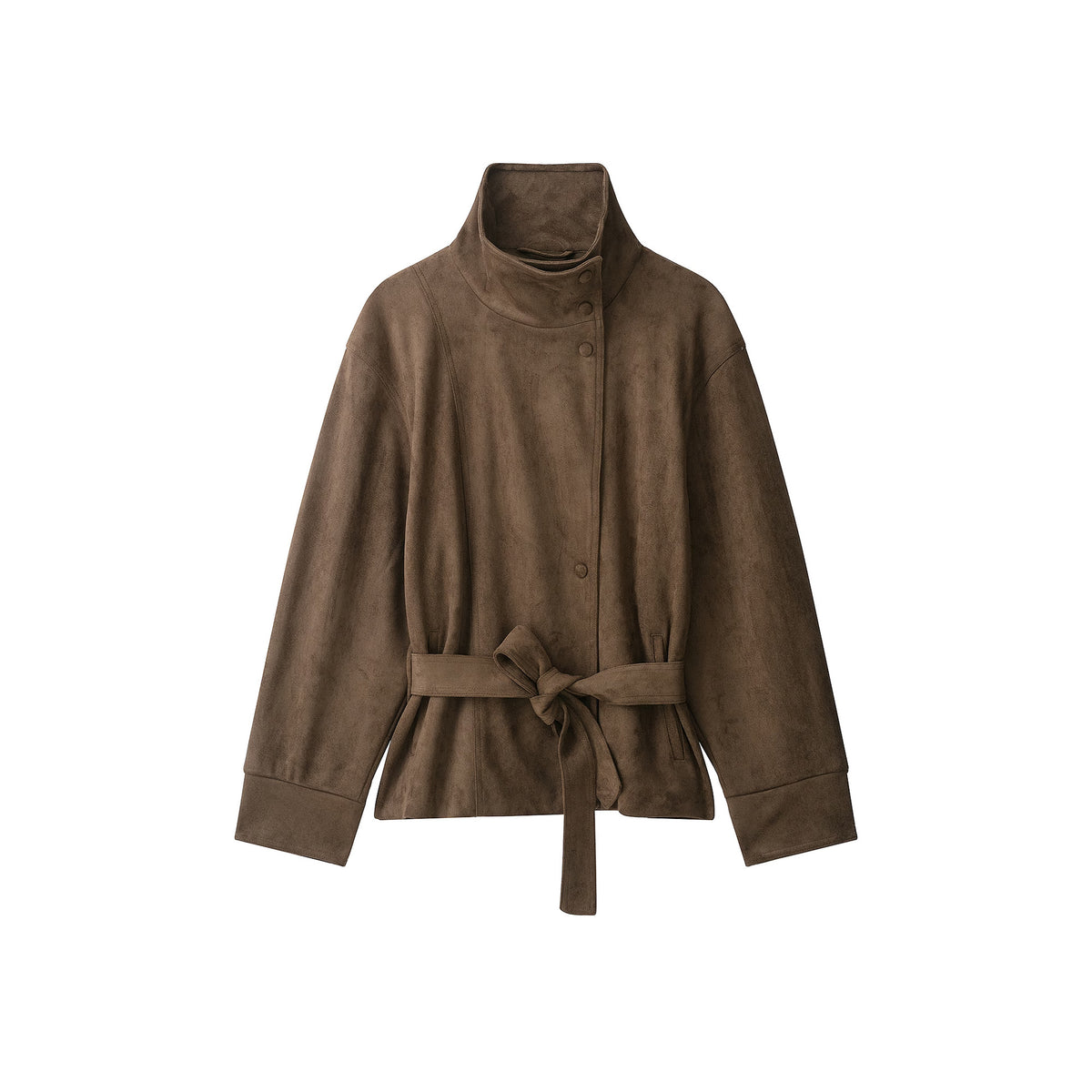Women's Short Suede Jacket with High Stand Collar and Tie Belt Fashion Glam