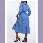 Women's Long Denim Dress with Tiered Skirt, Shirt Collar and Waist-Emphasizing Elastic Fashion Glam