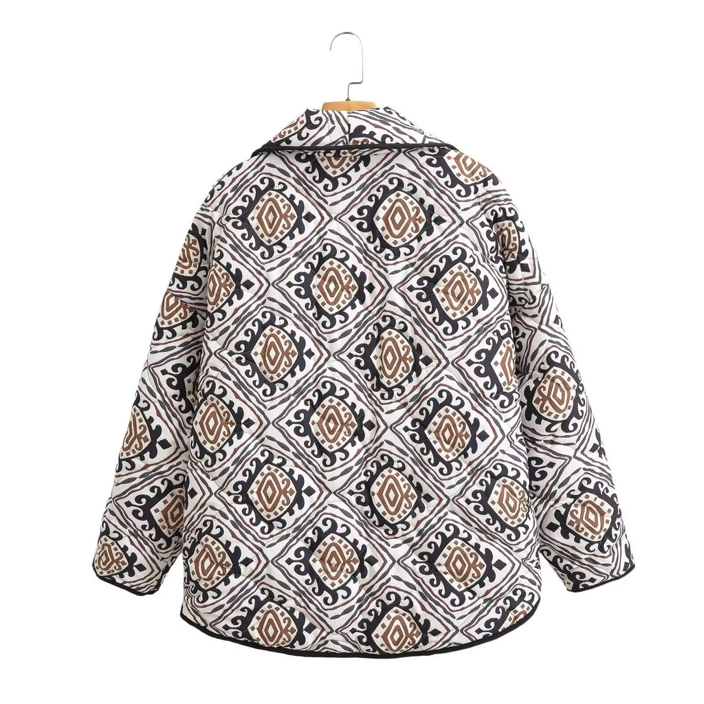 Women's Quilted Kimono Jacket with Ethno Print, Shawl Collar, and Patch Pockets Fashion Glam
