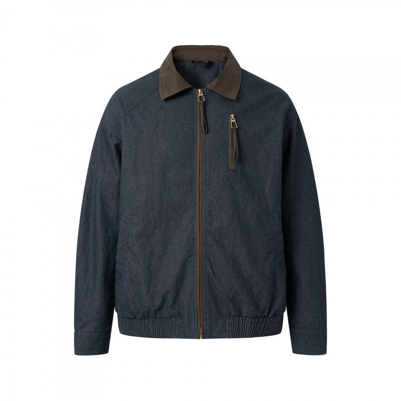 Men's short canvas jacket with corduroy collar, chest zipper, and elastic hem Fashion Glam