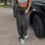 Women's Cargo Denim Pants with High Waist, Loose Baggy Cut and Functional Flap Pockets Fashion Glam