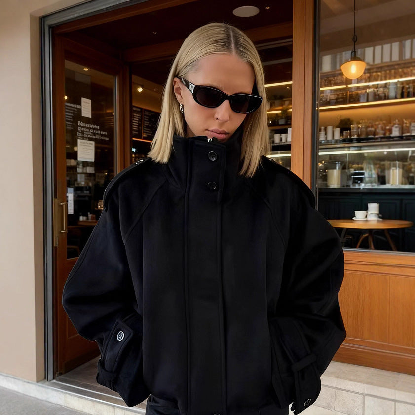 Women Short Wool Blend Jacket with Stand-Up Collar, Shoulder Flaps and Adjustable Cuffs Fashion Glam
