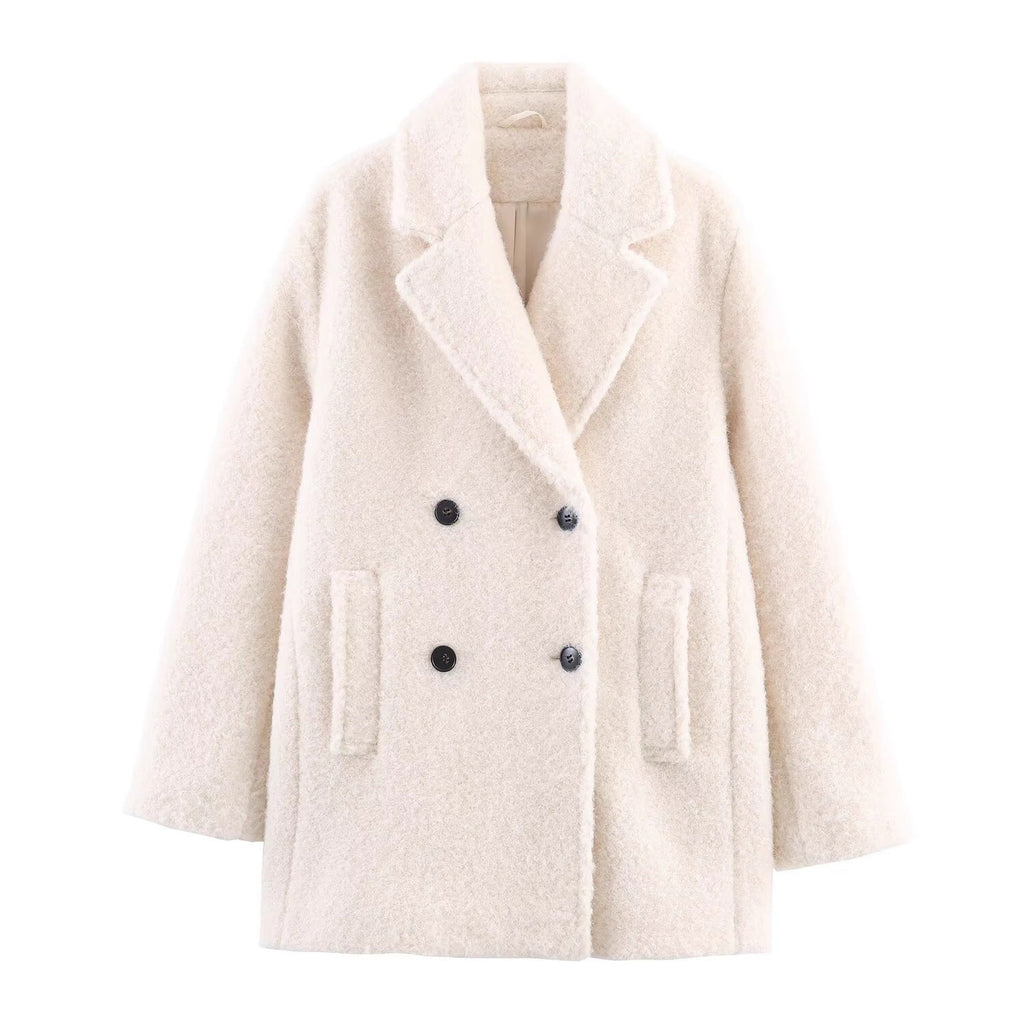 Ladies Double-Breasted Teddy Coat with Shawl Collar and Patch Pockets Fashion Glam