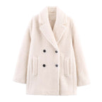 Ladies Double-Breasted Teddy Coat with Shawl Collar and Patch Pockets Fashion Glam