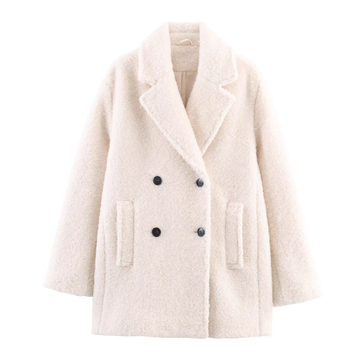 Ladies Double-Breasted Teddy Coat with Shawl Collar and Patch Pockets Fashion Glam