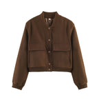 Women Short Cut Utility Bomber Jacket with Large Flap Pockets and Ribbed Cuffs Fashion Glam