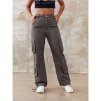 Women High-Waisted Utility Cargo Pants with Straight Leg, Multiple Flap Pockets & Adjustable Hem Fashion Glam