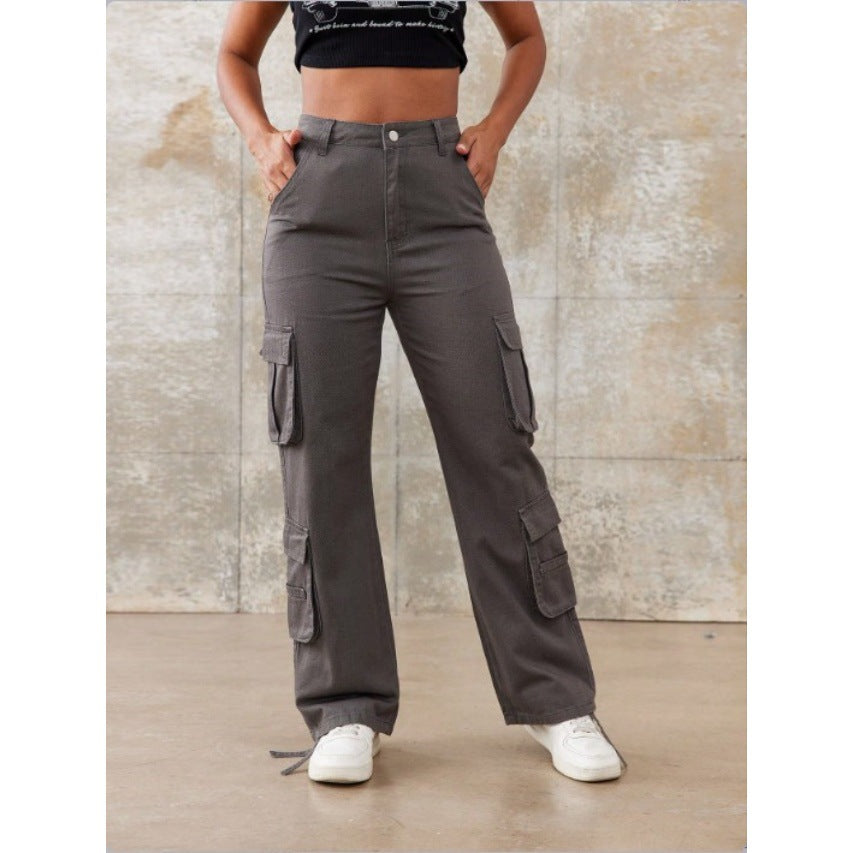 Women High-Waisted Utility Cargo Pants with Straight Leg, Multiple Flap Pockets & Adjustable Hem Fashion Glam