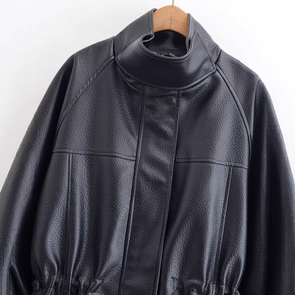 Women's Oversized Jacket in Leather Look with Stand-up Collar and Waist Drawstring Fashion Glam