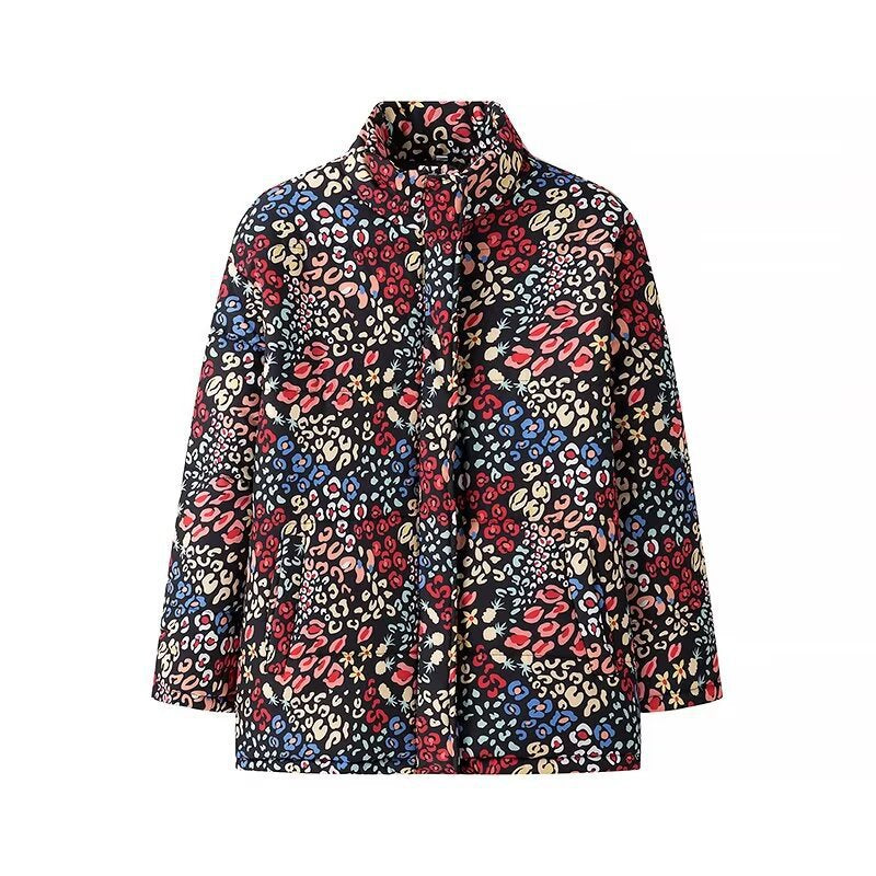 Women's Oversize Print Jacket with Stand-Up Collar and Hidden Button Placket Fashion Glam