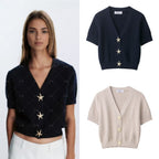 Women's Short-Sleeved Textured Knit Cardigan with V-Neck and Starfish Buttons Fashion Glam