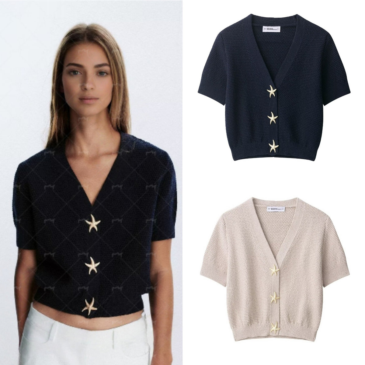 Women's Short-Sleeved Textured Knit Cardigan with V-Neck and Starfish Buttons Fashion Glam